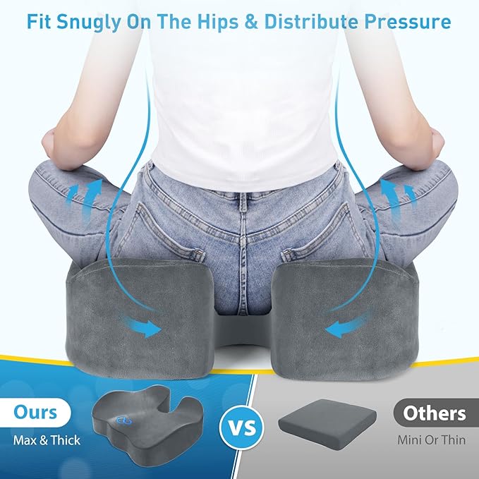 BlissTrends Seat Cushion,5.2in Thick Memory Foam Cushions for Office Chair, Car Seat, Airplane, Relieving Pressure Tailbone Sciatica Back Pain for Long Sitting Office Workers, Car Drivers LightGrey