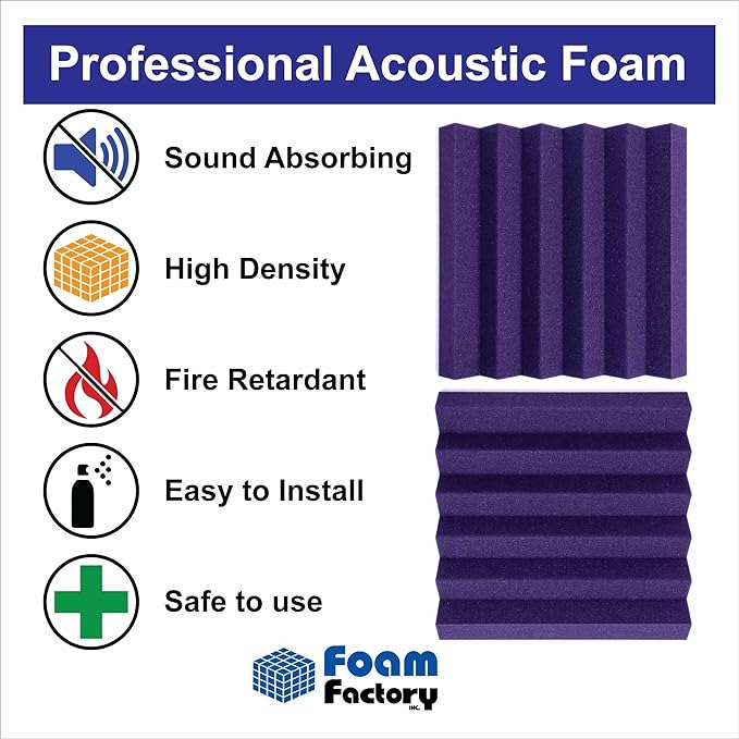 Foam Factory Inc 24 Pack Color Acoustic Foam Panel Studio Soundproofing Wedge Wall Tiles 12” X 12” X 2” (Purple)