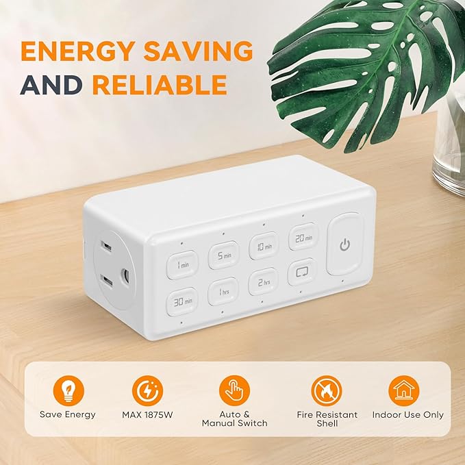 Countdown Timer Dual Outlet, Programmable Electrical Timers Outlets with Repeat Function, Up to 4H for Lights, Fan, Appliance, Electric Bike, 3-Prong, 15A/1875W, ½ HP, 2 Pack