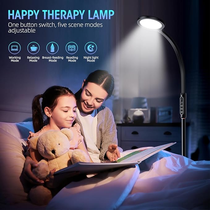 Happy Light Therapy lamp 11000 Lux,LED UV-Free Sunlight lamp,Full Spectrum Happy Therapy lamp with 10 Adjustable Brightness Levels,2 in 1 Retractable Floor Sad Lamp (Black)