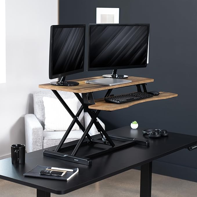 VIVO 36 inch Desk Converter, K Series, Height Adjustable Sit to Stand Riser, Dual Monitor and Laptop Workstation with Wide Keyboard Tray, Reclaimed Wood Top, Black Frame, DESK-V036KP
