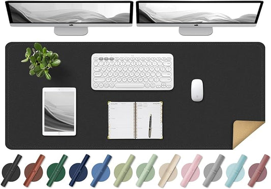 BLESWIN Large Desk Pad Mat 47.2"" x 17"", Office Desk Mat, Non-Slip PU Leather & Cork Desk Blotter for Keyboard and Mouse, Large Desk Mat, Large Mouse Pad for Office & Home(Black)