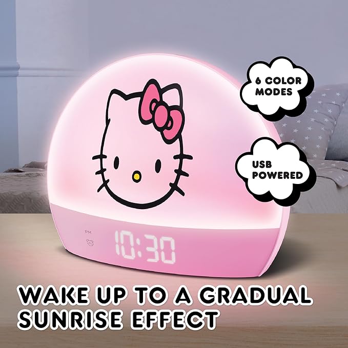 Hello Kitty Sunrise Alarm Clock - Multicolor Lights, USB Charging, LED Display, and Snooze Function