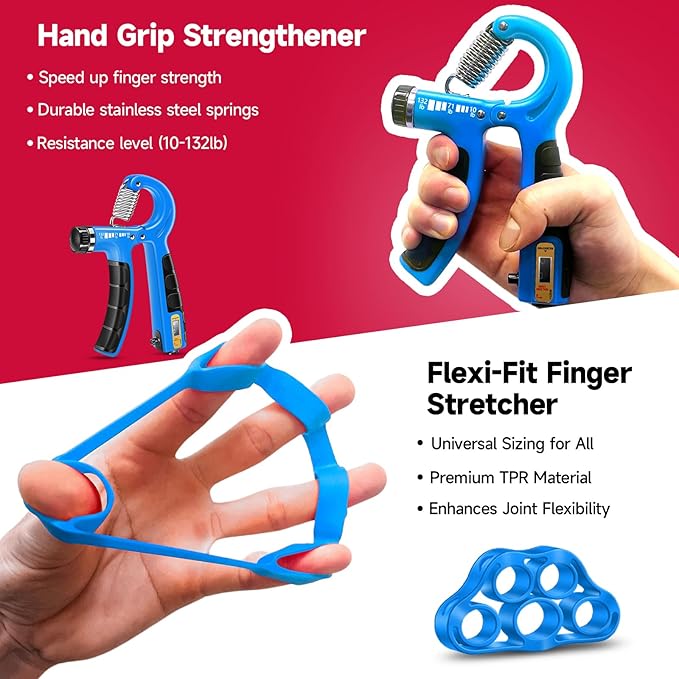 FitBeast Hand Grip Strengthener Workout Kit (5 Pack), 2 Forearm Grip Adjustable Resistance Hand Gripper, Finger Stretcher, Grip Ring & Stress Relief Grip Ball for Athletes