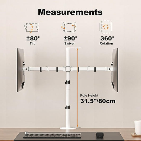 Suptek Dual LED LCD Monitor Stand up Desk Mount Extra Tall 31.5" Pole Heavy Duty Fully Adjustable Stand for 2 / Two Screens up to 27 inch,White (MD6842W)