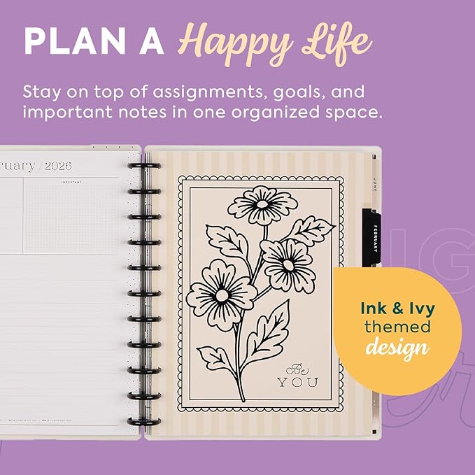 Happy Planner Disc-Bound Planner Jan.–Dec. 2026, Includes 3 Extra Months and 2 Sticker Sheets, Big Size, 8.5" x 11", Dashboard Layout, Ink & Ivy