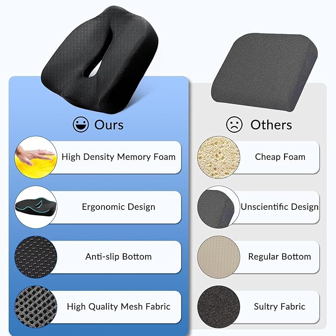 Ergonomic Memory Foam Seat Cushion for Office Chair, Extra Large Pad with U-Shaped Design for Pressure Relief, Coccyx Sciatica & Back Pain Relief, for Home, Car Long Sitting (Black/Gray)