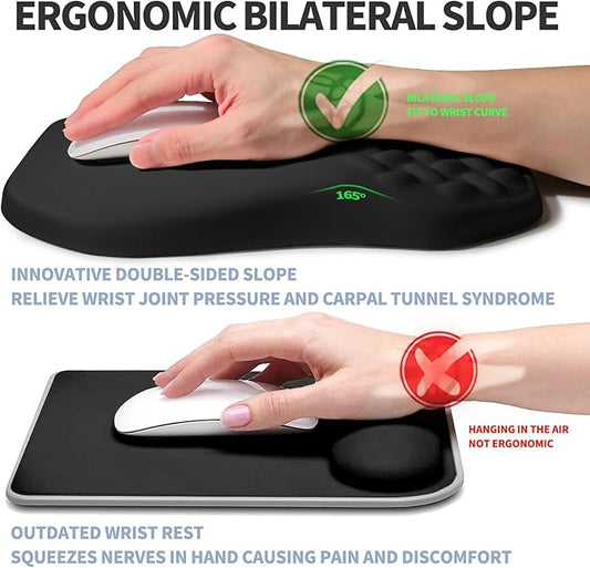 Ergonomic Raised Mouse Pad Wrist Support with Bilateral Slope Memory Foam Mousepad for Wrist Rest and Carpal Tunnel Pain Relief 11.8x7.9〃 Black