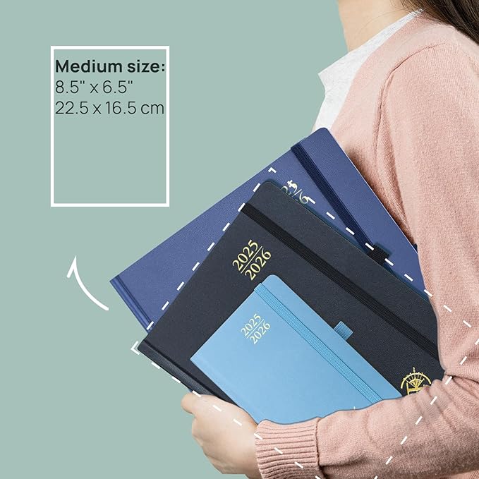 POPRUN Planner 2025-2026, (Medium 6.5'' x 8.5'' Hard Cover) Academic Calendar (July 25-June 26) Daily Weekly and Monthly Appointment Book with Hourly Time Slots, Monthly Tabs, 100 GSM - Midnight Green