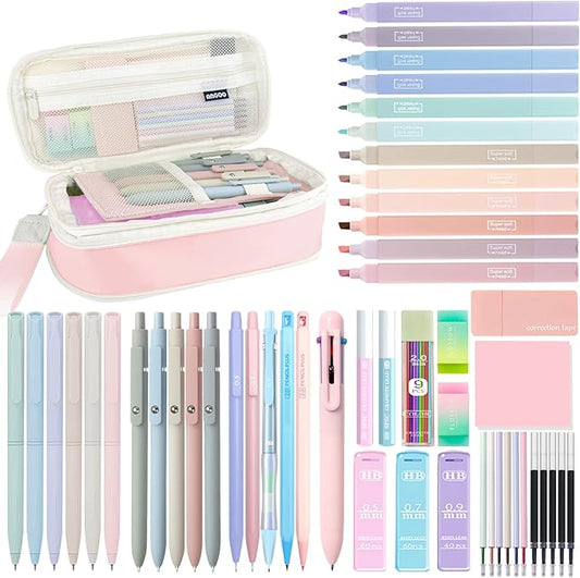 54Pcs Aesthetic School Supplies Set with Large Pastel Pencil Case 12 Dual Tip Highlighters, 6 Gel Pens, 5 Black Pens, 5 Mechanical Pencils (0.5-2.0mm) - Nursing School & College Essentials Gifts