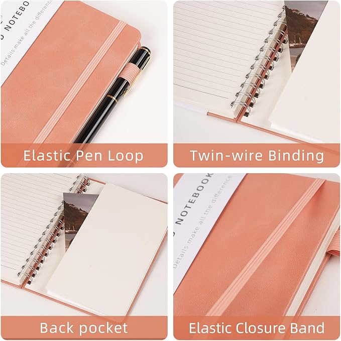 Spiral Notebooks Journal for Women Men 12 Pack Bulk Leather Hardcover with Pen Holder A5 160 Pages 100 GSM Thick Paper for Work School Lined Pink
