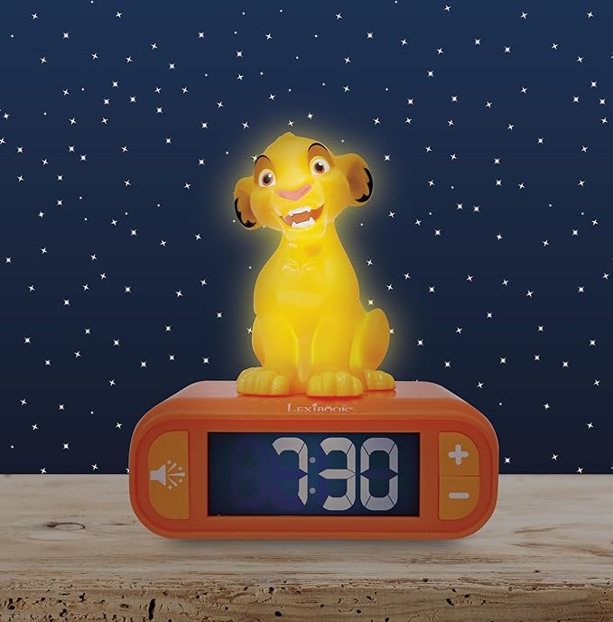 LEXiBOOK, Disney The Lion King, Simba Nightlight Alarm Clock, Sounds and Melodies, LCD Backlit Screen, Luminous, Snooze, Yellow/Orange, RL800AN