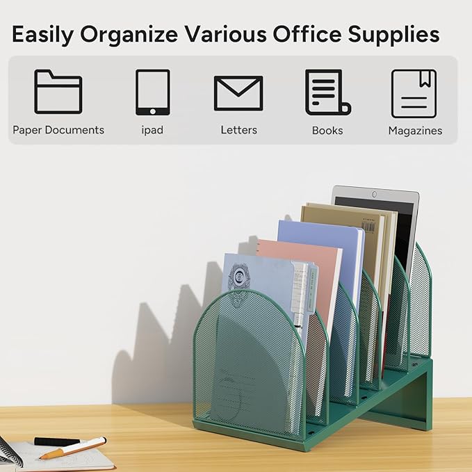 5-Section Desk File Organizer, Metal Mesh Folder Organizer for Documents, Mail & Office Papers (Green)