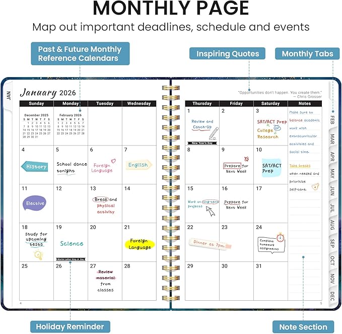 2026 Planner, Monthly and Weekly Calendar Planner for Women, January 2026 - December 2026, Hardcover Pretty 2026 Agenda Planner Book with Tabs, Spiral Bound, Perfect for School Office Home Supplies, 6.3" x 8.5" - Starlit Peaks