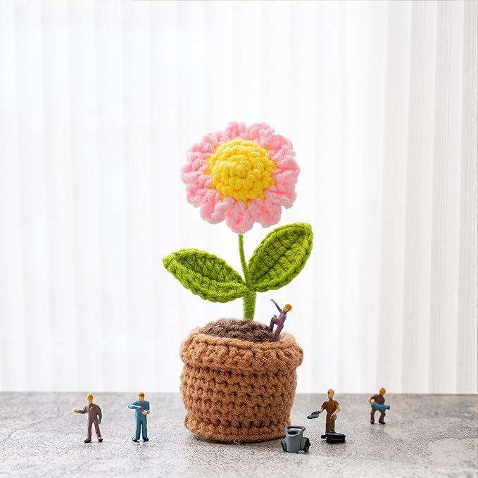Handmade Crochet Flowers, Small Potted Plants, Knitted Desk Decorations for Home Office Decor, 5 Inches Pink Artificial Flower (Sunflower)
