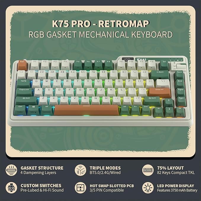 K75 PRO RGB 75% Wireless Gasket Mechanical Keyboard, Triple Mode BT 5.0/2.4G/USB-C 82 Keys Hot Swappable Gaming Keyboard w/Knob & Power Display, Custom Linear Switches, Green
