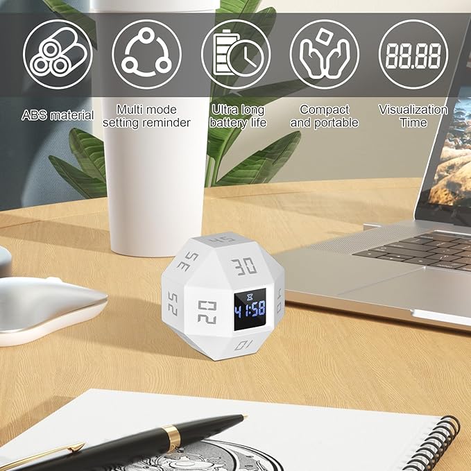 Flip Gravity Timer - 12-Side Time Management Cube with Preset Intervals, Silent Productivity Tool for Office, Study & Gym, Portable Focus Timer (White)