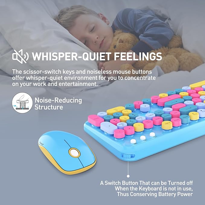 FOPETT Wireless Keyboard and Mouse Combo, 105 Keys Full-Sized 2.4 GHz Round Keycap Colorful Keyboards, USB Receiver Plug and Play, for Windows, Mac, PC, Laptop, Desktop (Blue Colorful)