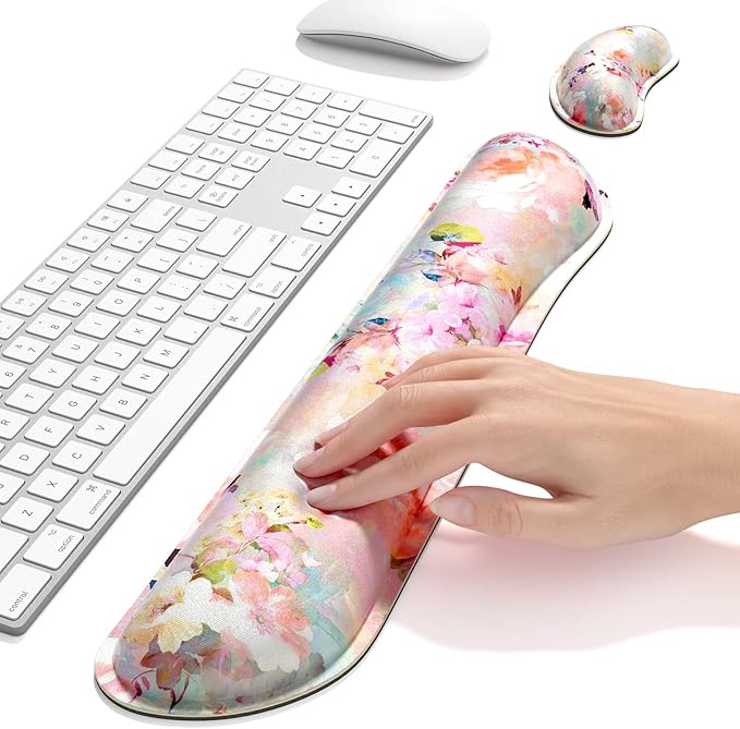 Dapesuom Enlarge Keyboard Wrist Rest, Memory Foam Wrist Cushion for Desk Mats Support, Cute Flower Pain Relief Keyboard Mouse Pad Rests Set with Non-Slip Base for Gaming Laptop Office, Peonies Floral