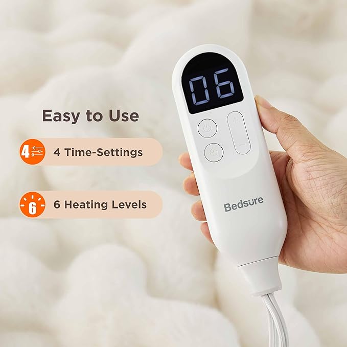 Bedsure Fluffy Bubble Faux Fur Heated Blanket Throw - Super Soft Electric Blanket, Heating with 6 Heating Levels, 4 Time Settings, 3-Hour Auto-Off, Decor Gifts for Home, White, 50x60 inches