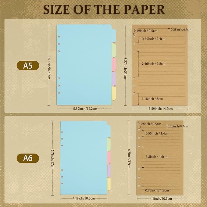 A5 Refill Paper, Planner Inserts for A5 Binder Budget Planner Journals Notebook, 6 Ring Loose Leaf Lined Paper with Binder Dividers, 240 Pages (A5, Light Brown Paper)
