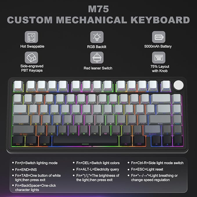 CHICHEN M75 Wireless Mechanical Gaming Keyboard, 75% Layout, Hot-Swappable, RGB Backlit, PBT Keycaps,tri-Mode Connection with Bluetooth 5.0, 2.4GHz Wireless, and USB-C, White & Black