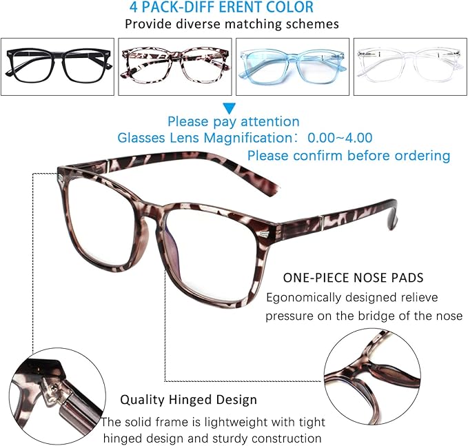 Henotin 4-Pack Blue Light Blocking Reading Glasses Women Men,Spring Hinge Computer Readers,Anti UV Ray Square Nerd Eyeglasses (4 pack Mix Color, 3.00)