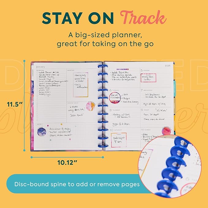 Happy Planner Disc-Bound Planner Jan.–Dec. 2026, Includes 3 Extra Months and 2 Sticker Sheets, Big Size, 8.5" x 11", Dashboard Layout, Bright & Bushy