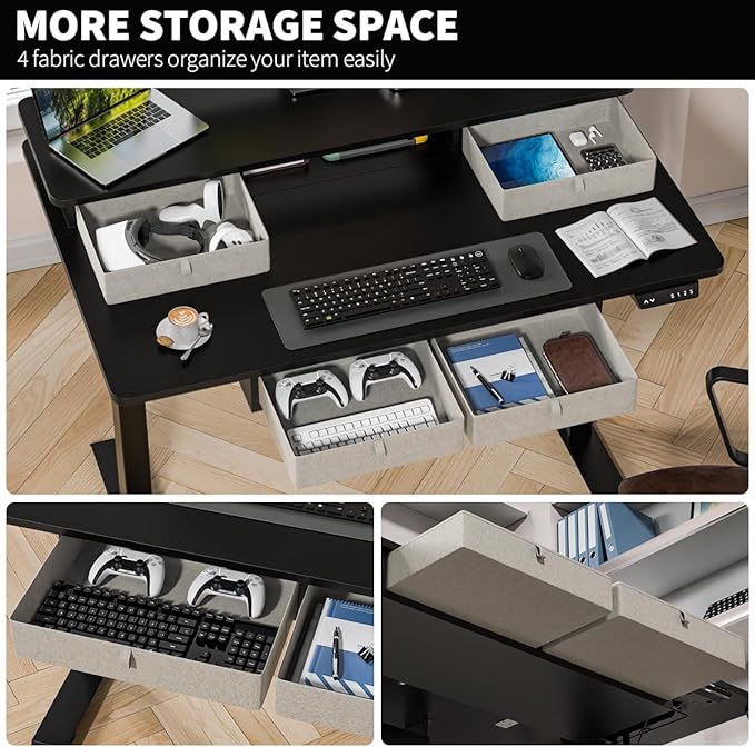 Standing Desk with Fast Charging USB Ports, 48" x 30" Height Adjustable Home Office & Gaming Desk, Sit Stand Desk with Built-in Storage Shelf, Hook & Ergonomic Design(Classic Black)