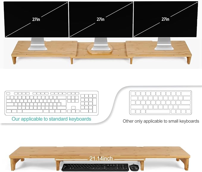 Nnewvante Monitor Stand Riser, 60 inch Large Bamboo Dual Monitor Stand for Desk, 3 Shelves Desktop Screen Riser with Adjustable Length Angle for Computer Laptop PC