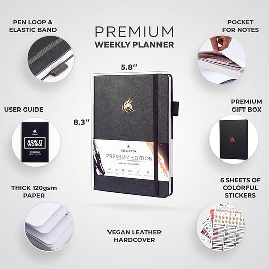 Clever Fox Planner Premium Edition – Undated Luxurious Weekly & Monthly Planner to Increase Productivity and Hit Your Goals – Organizer – Start Anytime, A5, Lasts 1 Year, Silver Black (Weekly)