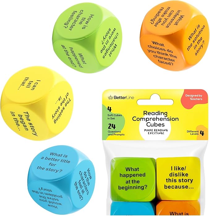 Interactive Reading Comprehension Cubes Set - Educational Learning Dice for Kids, Teachers, and Parents - 4 Levels, 24 Questions - Learning Games for Kids, Classroom and Home Learning Tools