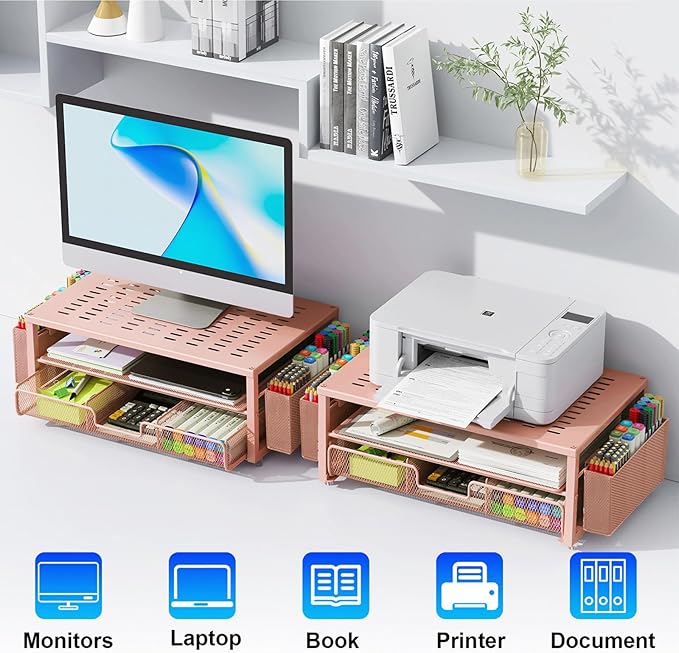 gianotter Desk Organizers and Accessories, Monitor Stand with Drawer and 2 Pen Holder, Desktop Organizer Suitable for Offices and Dormitories (Rose Gold)