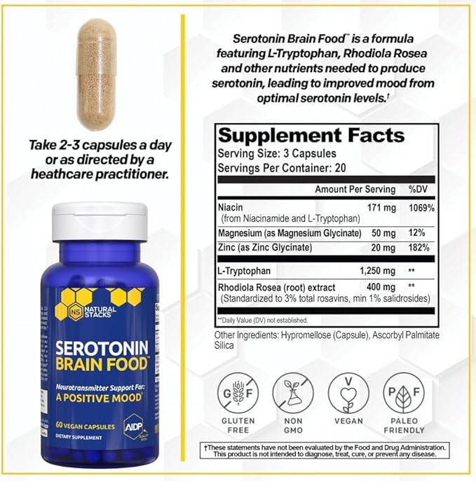 Serotonin Brain Food - 1250mg L-Tryptophan & 400mg Rhodiola Rosea Supplement - Mood Support Supplement for Stress Relief - Neurotransmitter Support with Magnesium Glycinate & Zinc - 60 Capsules