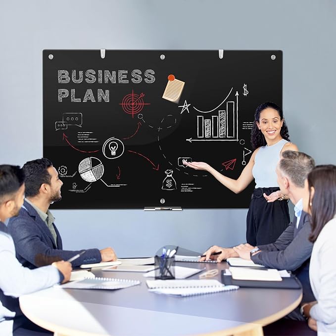 Large Black Glass Dry Erase Board, 72 x 48 Inches Magnetic Glass whiteboard,6' x 4' Frameless Blackboard for Office,Home,School