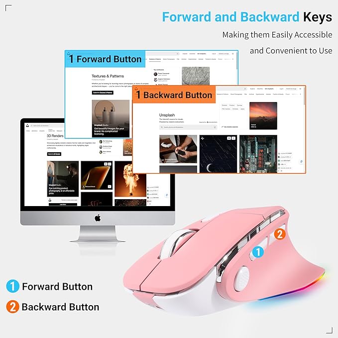 Ergonomic Mouse Jiggler,Bluetooth Vertical Wireless Mouse,LED Rechargeable Optical Computer Mice, Portable(BT5.2 or USB 2.4GHz) Dual Mode,1000/1600/2400 DPI,8 Buttons for Laptop,PC,Macbook (pink)