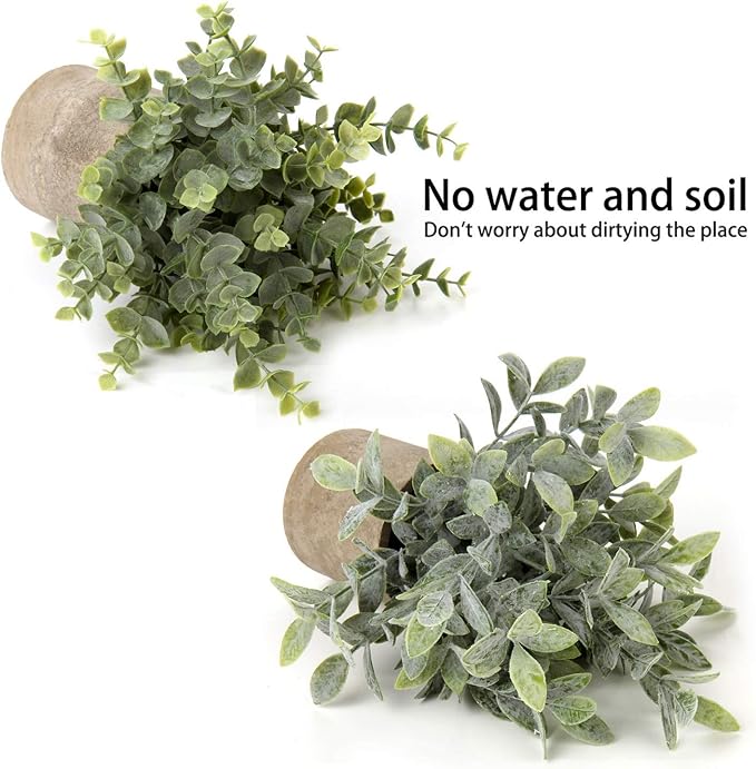 Briful Artificial Potted Plants Set of 2 Small Faux Plant Eucalyptus Mini Fake Plant Decor for Home Table Office Room Desk Bathroom Shelf Kitchen Rustic
