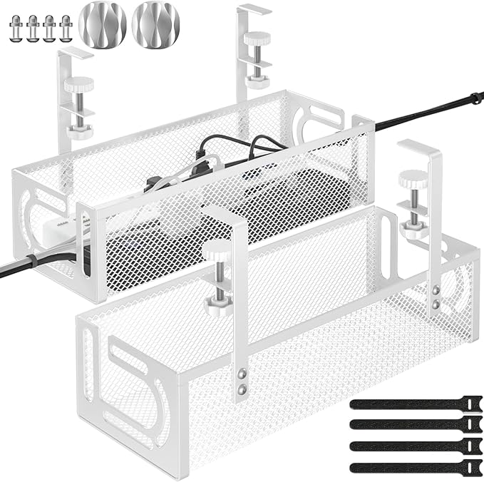 Under Desk Cable Management Tray, 15.7'' No Drill Steel Desk Cable Organizers, Wire Management Tray Cable Management Rack (2 Packs-White)