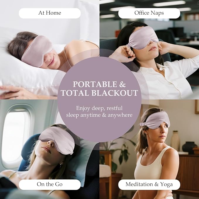 100% Mulberry Silk Sleep Mask for Unisex, 22 Momme 3D Silk Contoured Eye Mask, Breathable Light Blocking Blindfold with Adjustable Strap, Blackout Eye Cover for Travel, Dusty Purple