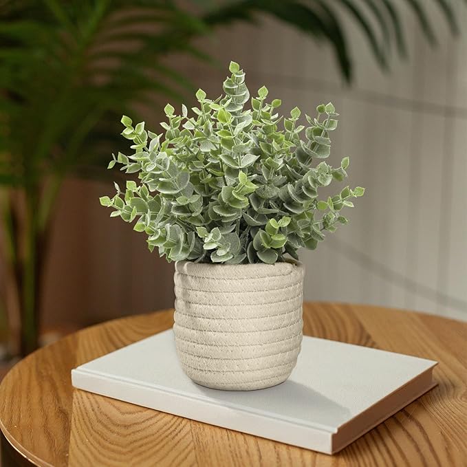 Hopewood Faux Plants, Fake Plants Eucalyptus Potted for Home Office Desk, Artificial Eucalyptus with a Weave Basket for Indoor Greenery Tabletop