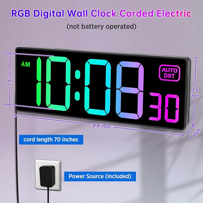 Soobest Large LED Digital Wall Clock 8 RGB Color Changing Display, Corded Plug in Electric Digital Clock with Seconds for Living Room Bedroom Desk Table Office, 5 Dimmers, Auto DST, 10 Inches