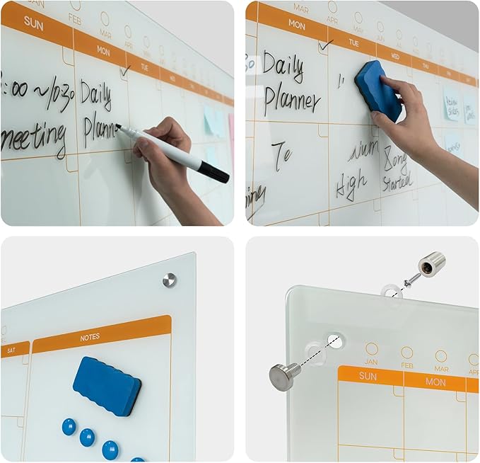 Magnetic Glass Whiteboard Calendar 48"x36" Glass Dry Erase Calender Board 36"x48" Monthly Plan White GlassBoard Wall Mounted for Office School Home (White)