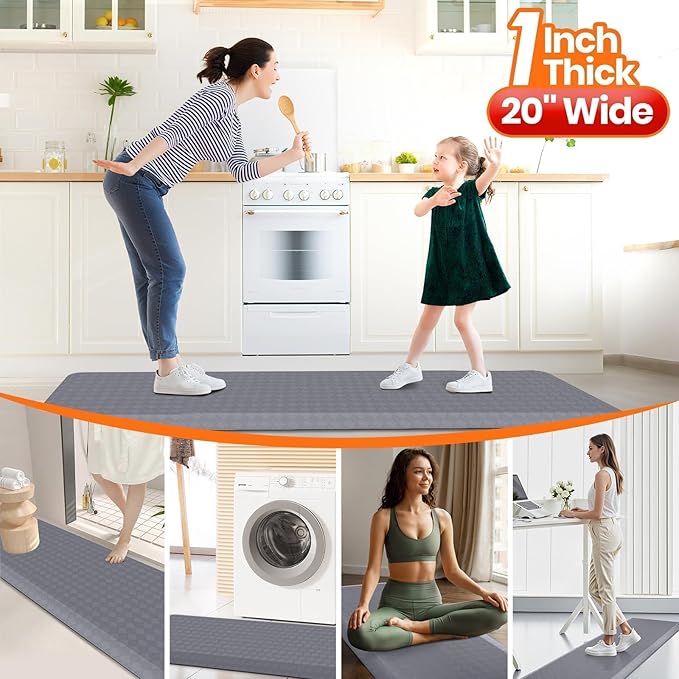 StepRite 1” Thick Kitchen Mats for Floor, Anti Fatigue Kitchen Rugs, Non-Slip,Heavy Duty Waterproof Kitchen Rug, Standing Desk Mat for Home, Kitchen, Office(Grey)