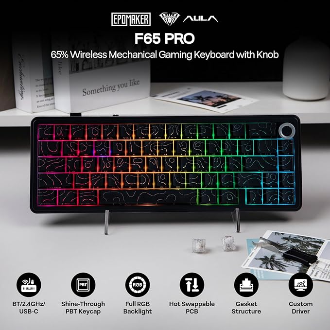 EPOMAKER X Aula F65 PRO Wireless Mechanical Gaming Keyboard, Hot-Swap, 5-Layer Padding, Creamy Gasket, Knob and Shine-Through PBT Keycap, RGB, BT/2.4GHz/USB-C (Black Topographic, Ice Crystal Switch)