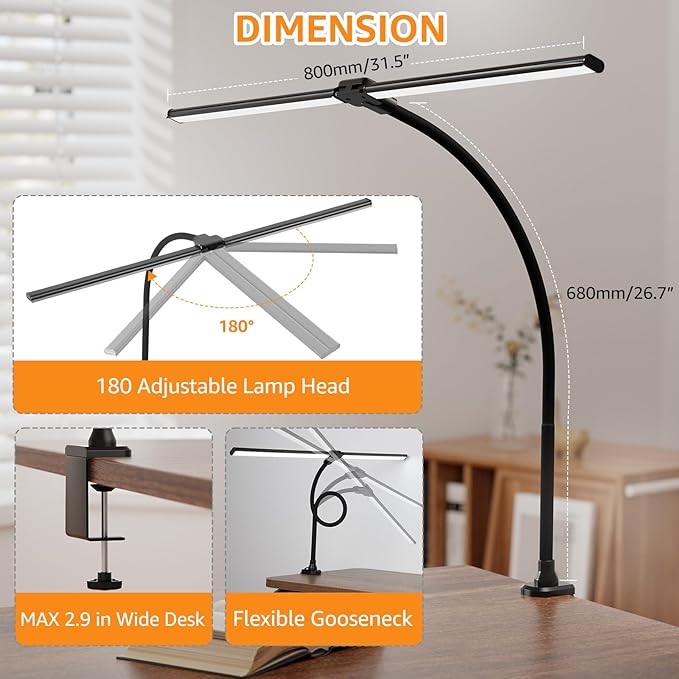 ShineTech Led Desk Lamp for Office Home, Bright Double Head Desk Light with Clamp, Architect Task Lamp 50 Lighting Modes Adjustable Flexible Gooseneck Lamp
