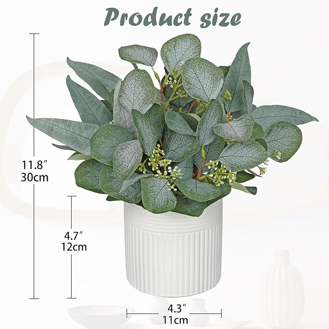 Artificial Plants Indoor with Pot, 11.8" Faux Eucalyptus Stems in Ceramic Vase for Table, Desk, Shelf, Small Fake Potted Plants Eucalyptus Leaves for Centerpieces, Living Room, Bathroom, Bedroom