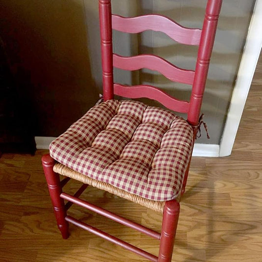 Barnett Home Decor Dining Chair Cushions with Ties – Small 15 x 17 - Latex Foam, 100% Cotton, Machine Washable Chair Pads for Kitchen Chairs, Made in USA (Farmhouse Check Red & Tan/Pack of 2)