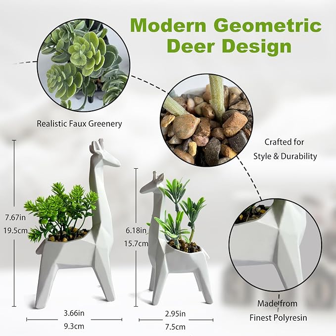 2PCS Cute Artificial Mini Succulent Plants with Creative Giraffe Shaped Pots, Desk Plant for Office Decor for Women,Small Fake Plants for Shelf Desk,Bathroom,Tabletop Decor (White)