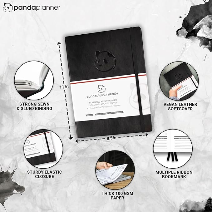 Panda Planner Weekly 2025-2026, Undated Weekly Planner for Office, School & Home – 8"x11" Soft Vegan Leather Organizer Notebook with To-Do Lists, Habit Tracker, Notes & Agenda – Black