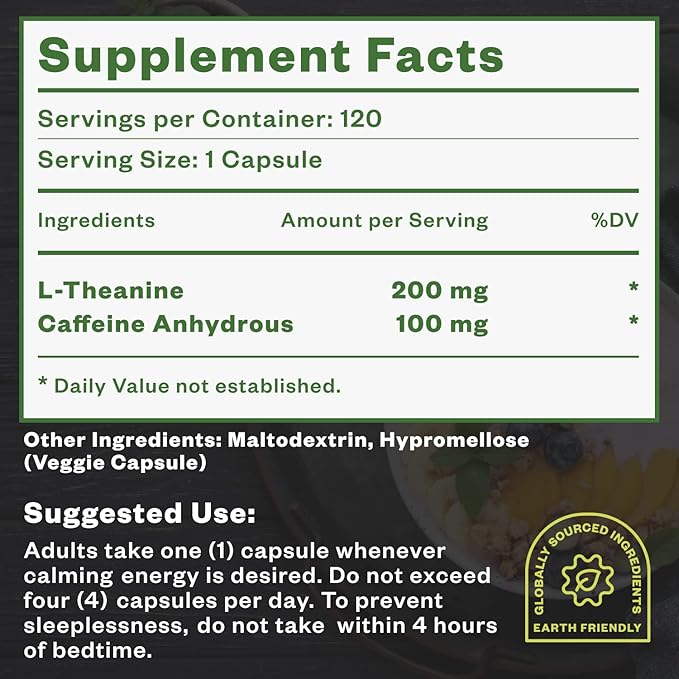 Caffeine Theanine Capsules, Caffeine Pills 100mg L Theanine for Pre Workout, Energy, and Clarity, Energy Pills for Fatigue, Nootropic Supplement, 120 Day Supply